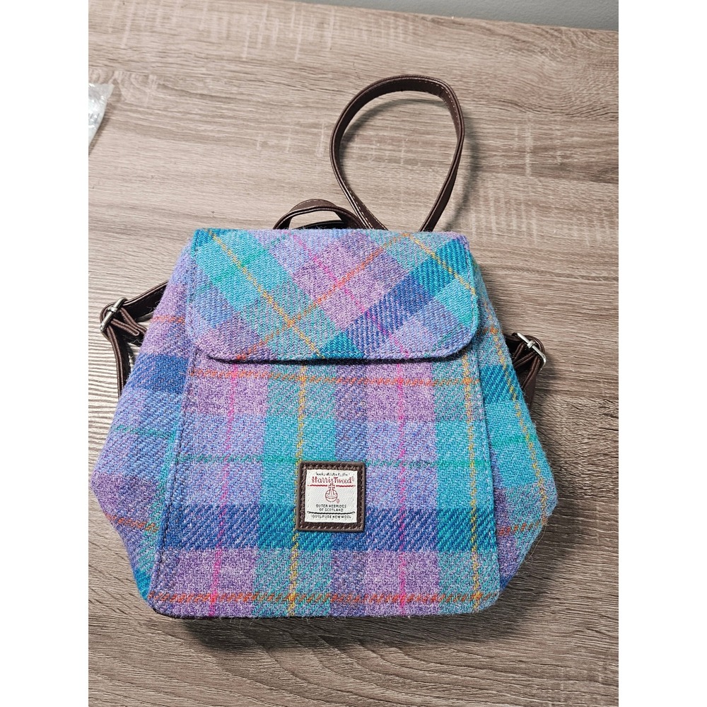 Glen Appin Harris Tweed Wool Plaid Small Backpack Purple Teal Blue Brown Tartan